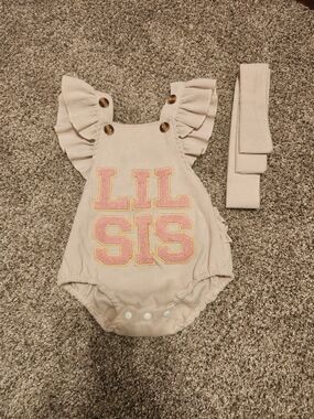 Lil Sis Ruffle Romper with Headband - Pink Lettering on Cream
